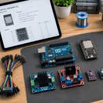 نمایی از میز کار الکترونیک با برد آردوینو، ماژول ESP32، خرید ماژول و بررسی روی تبلت