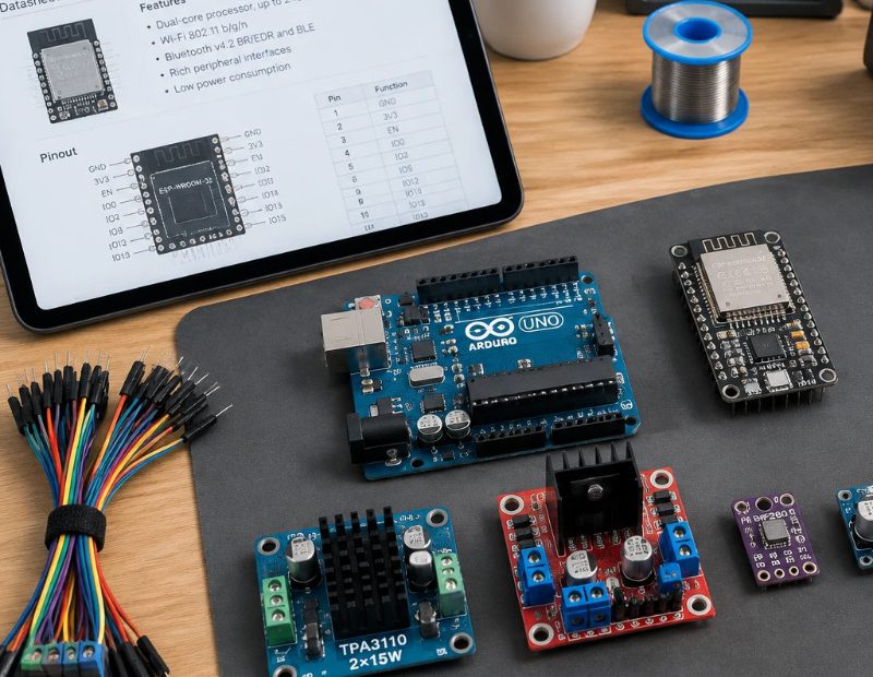 نمایی از میز کار الکترونیک با برد آردوینو، ماژول ESP32، خرید ماژول و بررسی روی تبلت