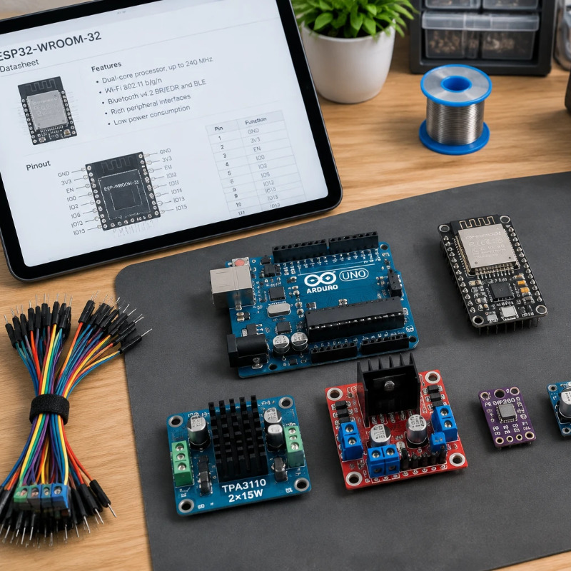 نمایی از میز کار الکترونیک با برد آردوینو، ماژول ESP32، خرید ماژول و بررسی روی تبلت